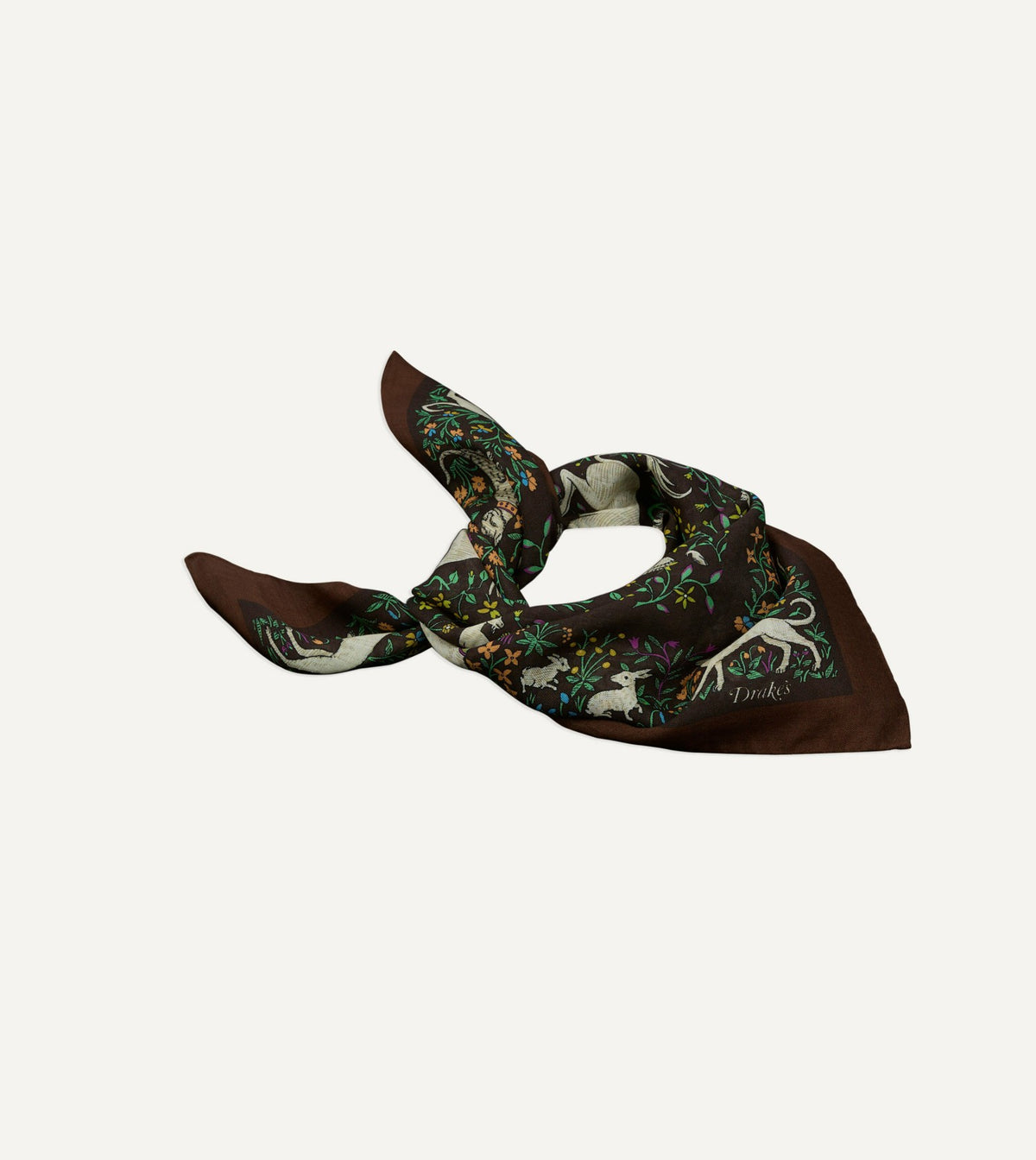 Drake's Brown Unicorn Print Wool-Silk Bandana
