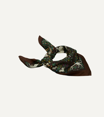Drake's Brown Unicorn Print Wool-Silk Bandana