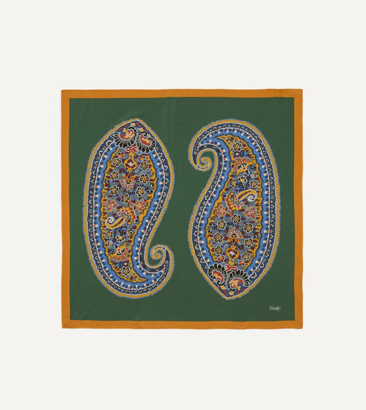 Drake's Green Jumbo Paisley Print Silk Bandana
