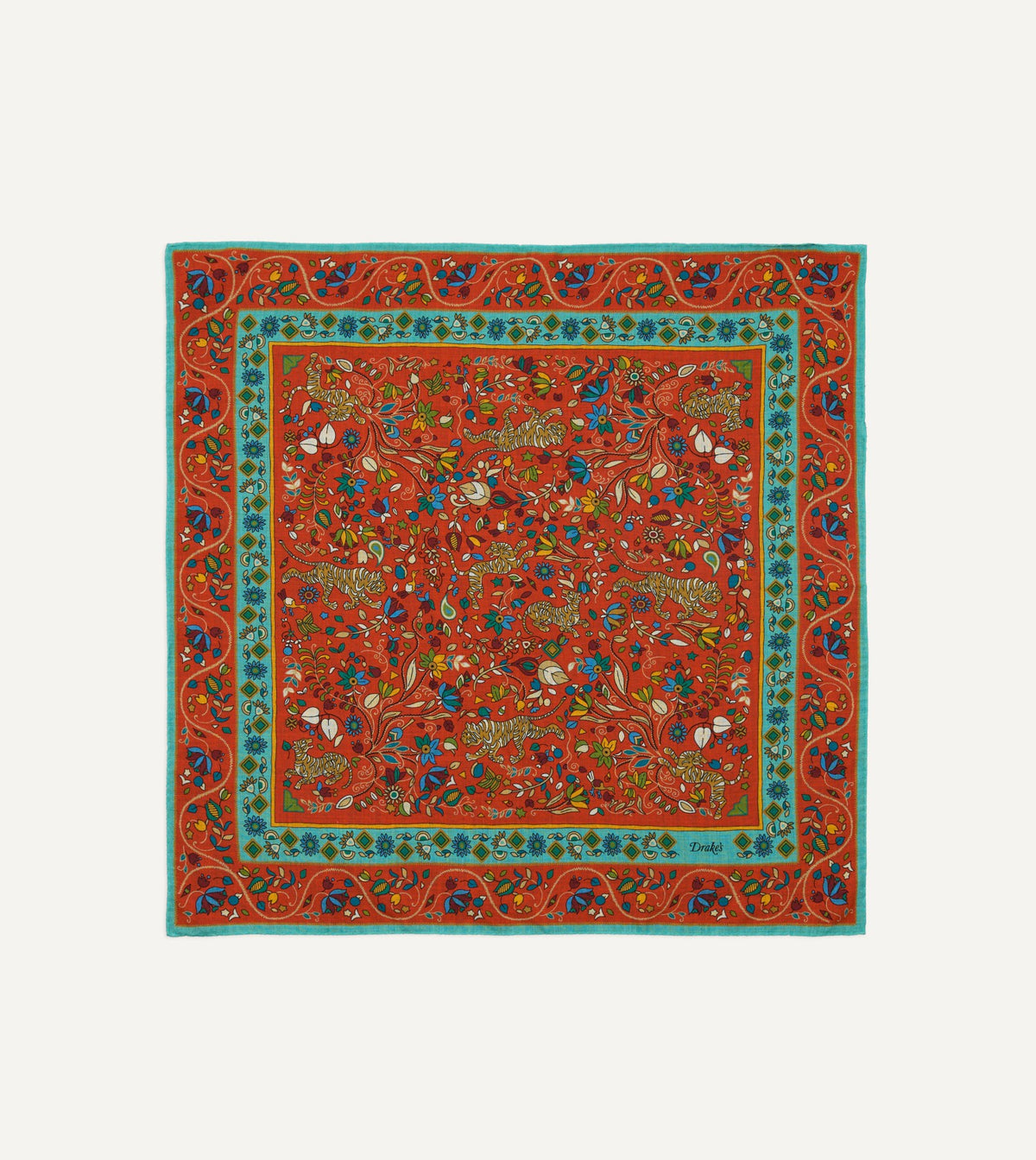 Drake's Red Tiger Garden Print Wool-Silk Bandana