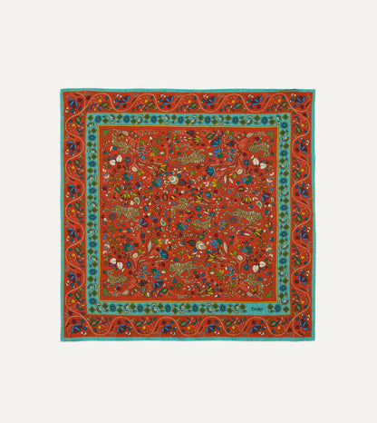 Drake's Red Tiger Garden Print Wool-Silk Bandana