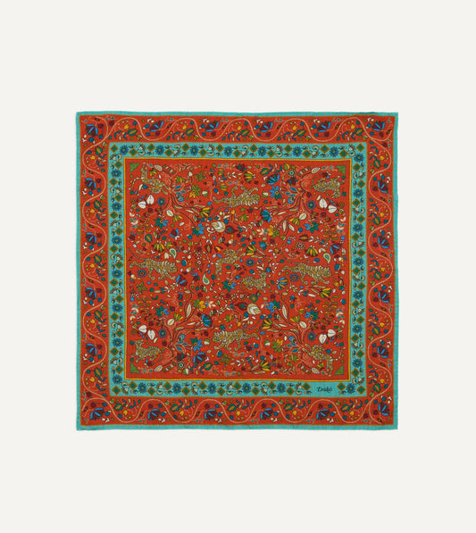 Drake's Red Tiger Garden Print Wool-Silk Bandana