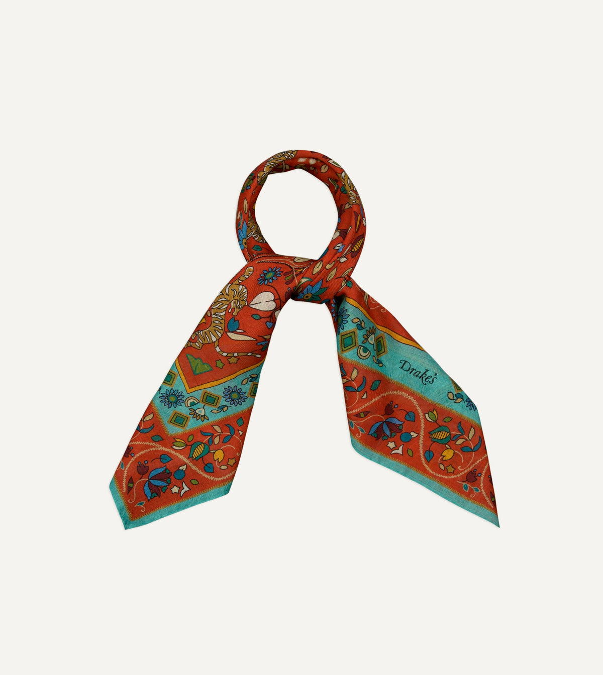 Drake's Red Tiger Garden Print Wool-Silk Bandana