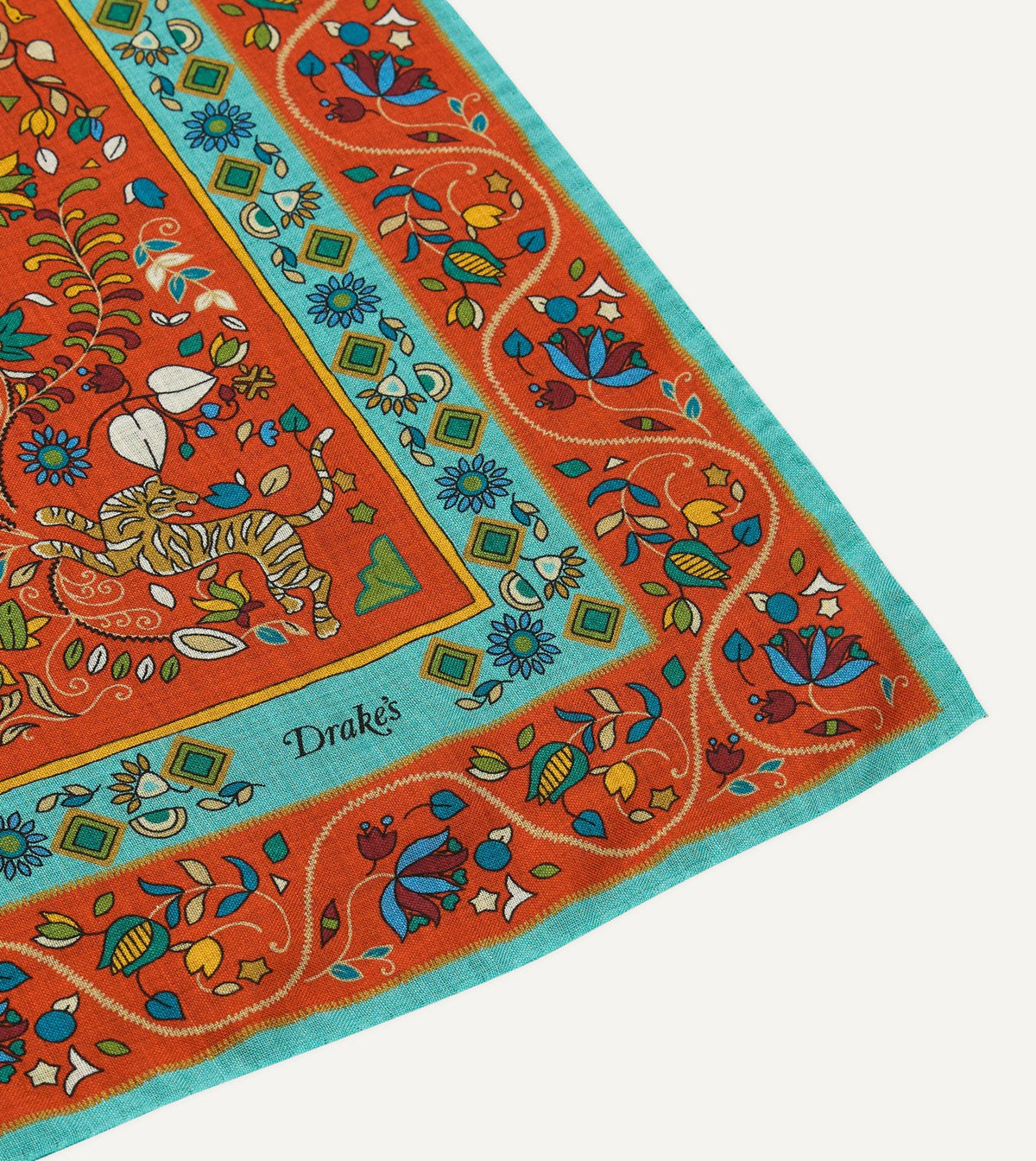 Drake's Red Tiger Garden Print Wool-Silk Bandana