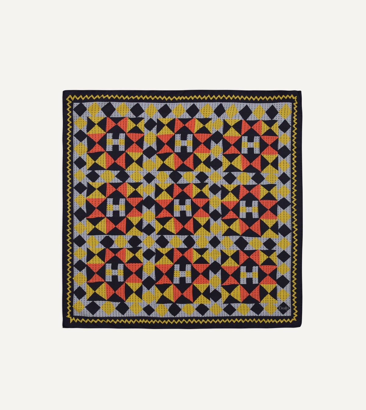 Drake's Navy Patchwork Print Wool-Silk Bandana