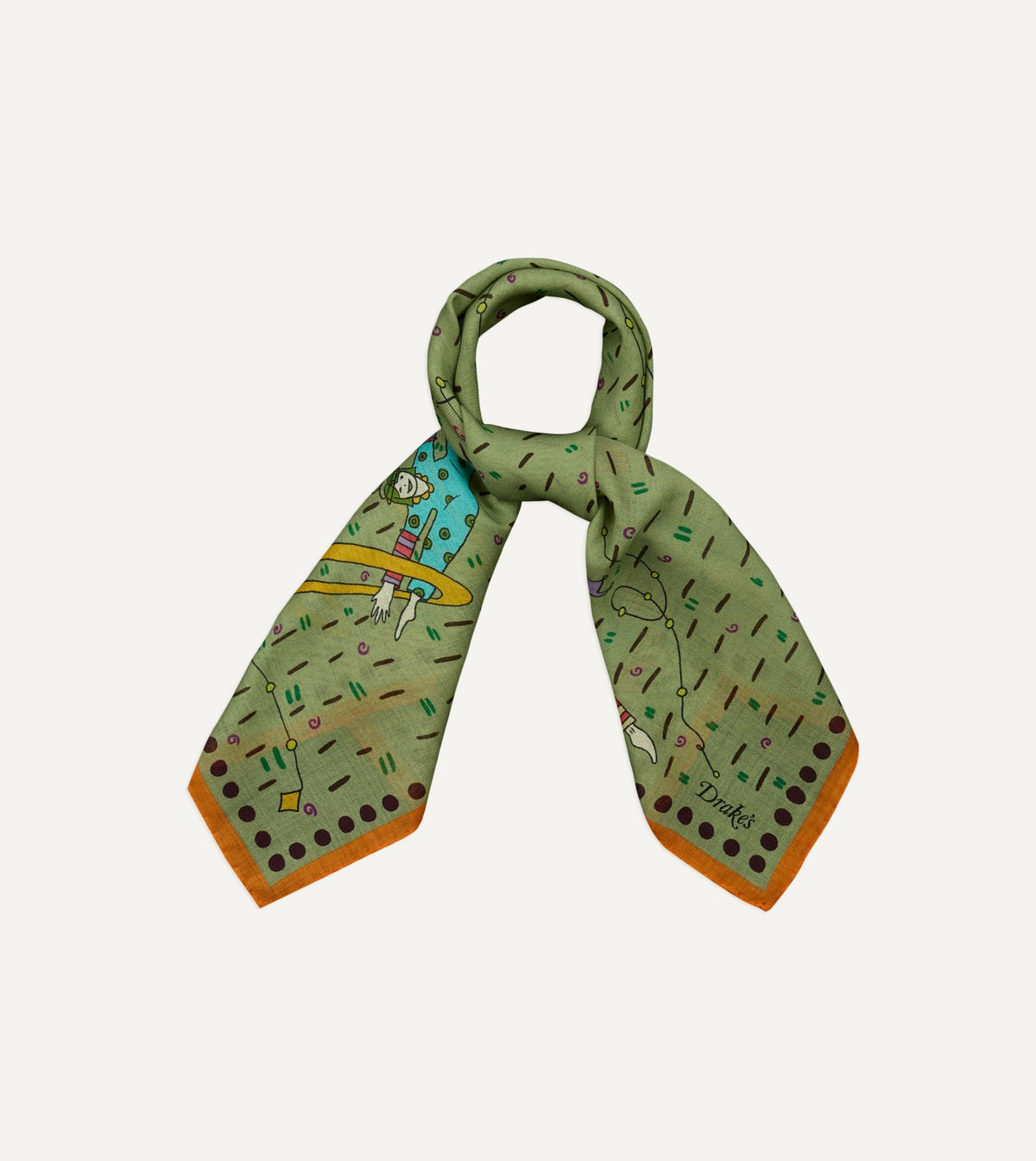 Drake's Olive Acrobat Print Wool-Silk Bandana
