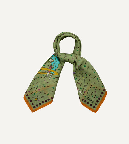 Drake's Olive Acrobat Print Wool-Silk Bandana