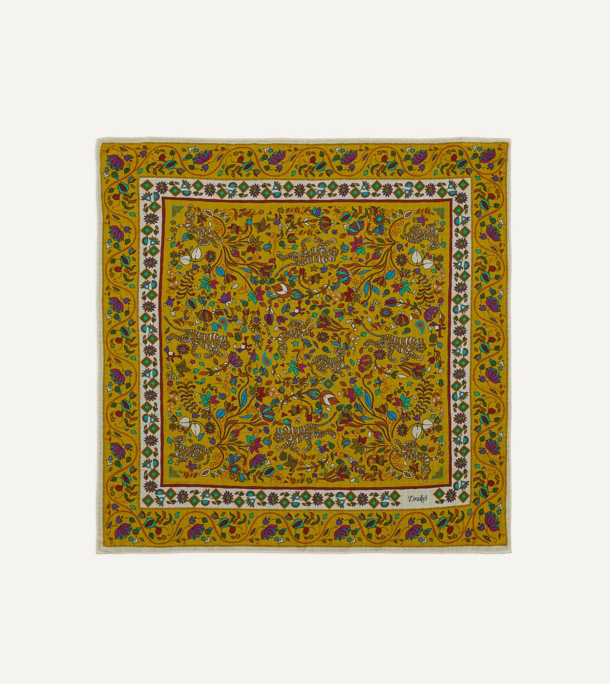 Drake's Yellow Tiger Garden Print Wool-Silk Bandana