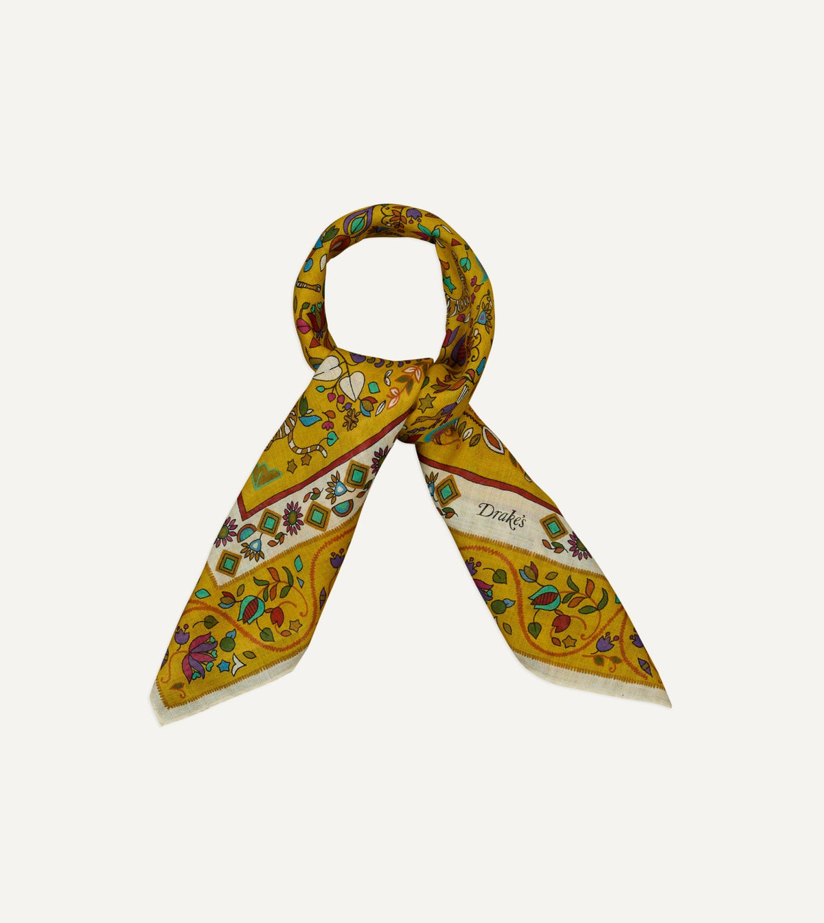Drake's Yellow Tiger Garden Print Wool-Silk Bandana
