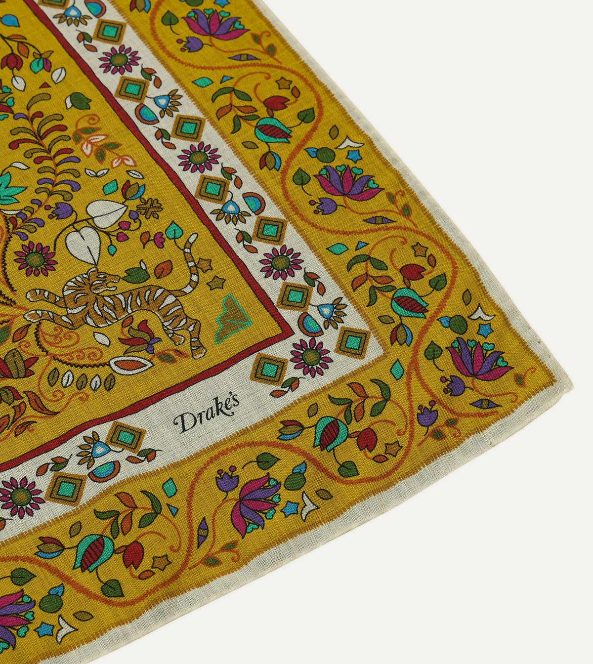 Drake's Yellow Tiger Garden Print Wool-Silk Bandana