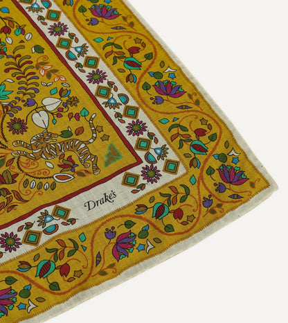 Drake's Yellow Tiger Garden Print Wool-Silk Bandana