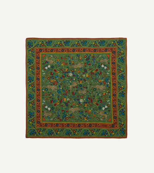Drake's Green Tiger Garden Print Wool-Silk Bandana