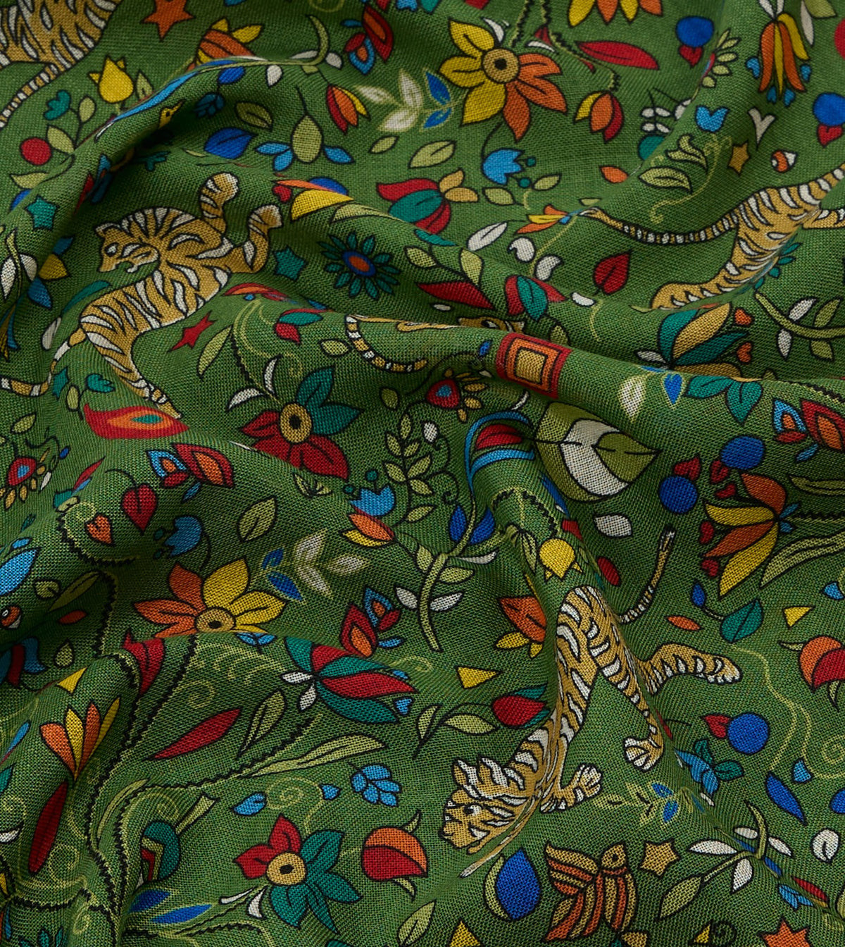 Drake's Green Tiger Garden Print Wool-Silk Bandana