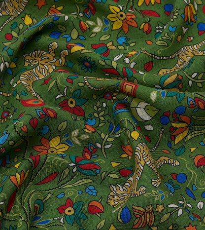 Drake's Green Tiger Garden Print Wool-Silk Bandana