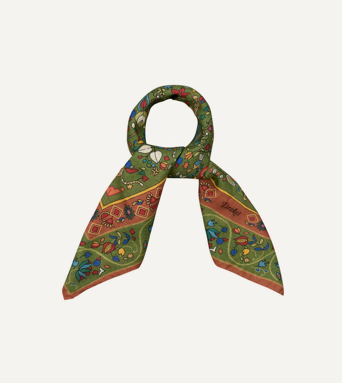 Drake's Green Tiger Garden Print Wool-Silk Bandana