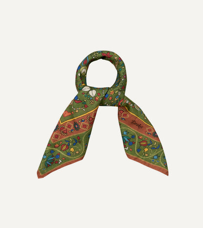 Drake's Green Tiger Garden Print Wool-Silk Bandana