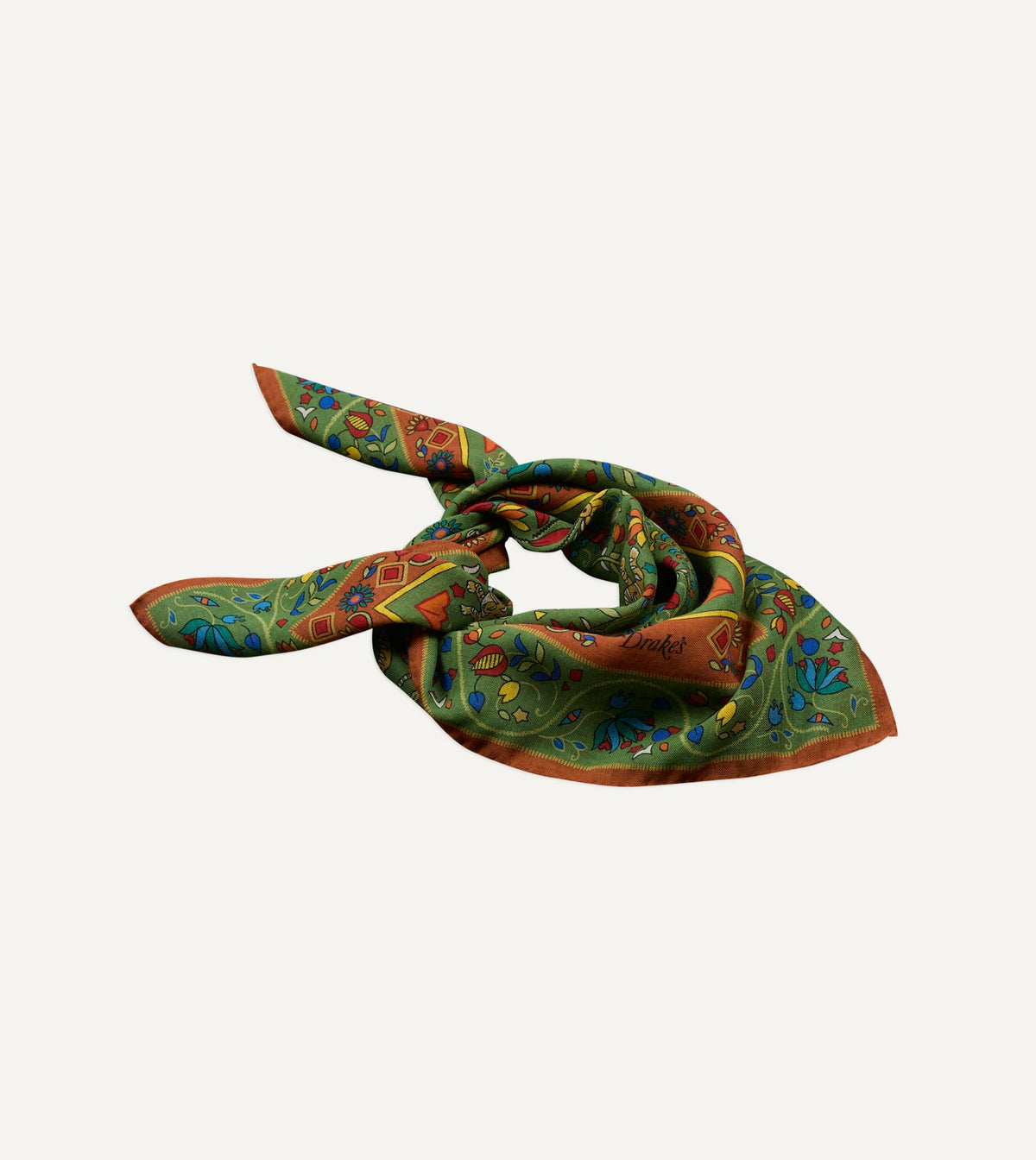 Drake's Green Tiger Garden Print Wool-Silk Bandana