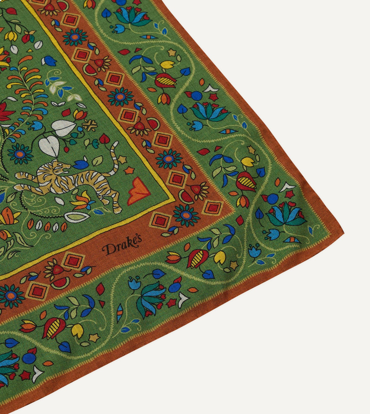 Drake's Green Tiger Garden Print Wool-Silk Bandana