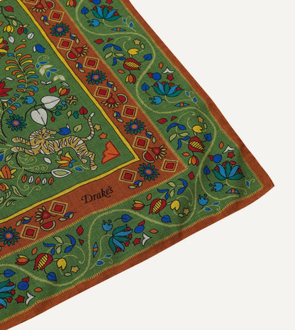 Drake's Green Tiger Garden Print Wool-Silk Bandana