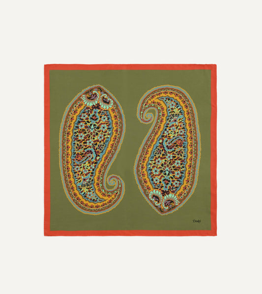 Drake's Olive Jumbo Paisley Print Silk Bandana