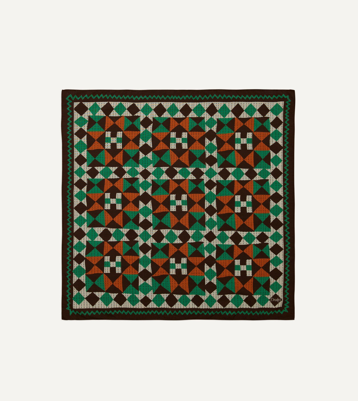 Drake's Brown Patchwork Print Wool-Silk Bandana