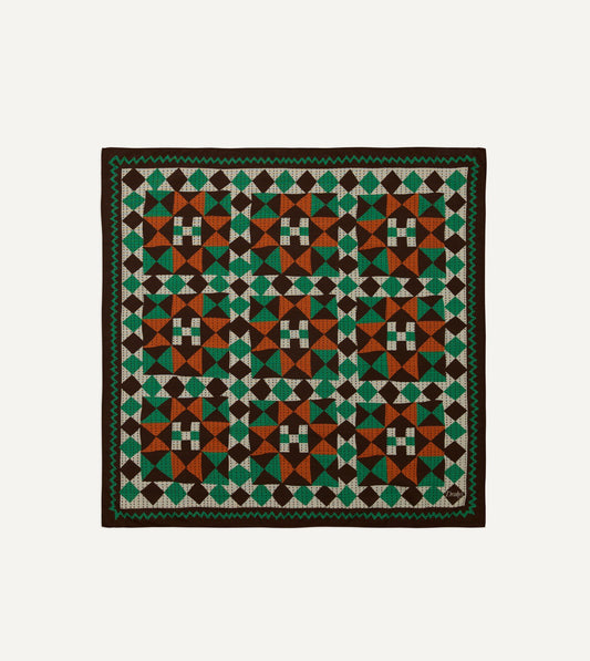 Drake's Brown Patchwork Print Wool-Silk Bandana