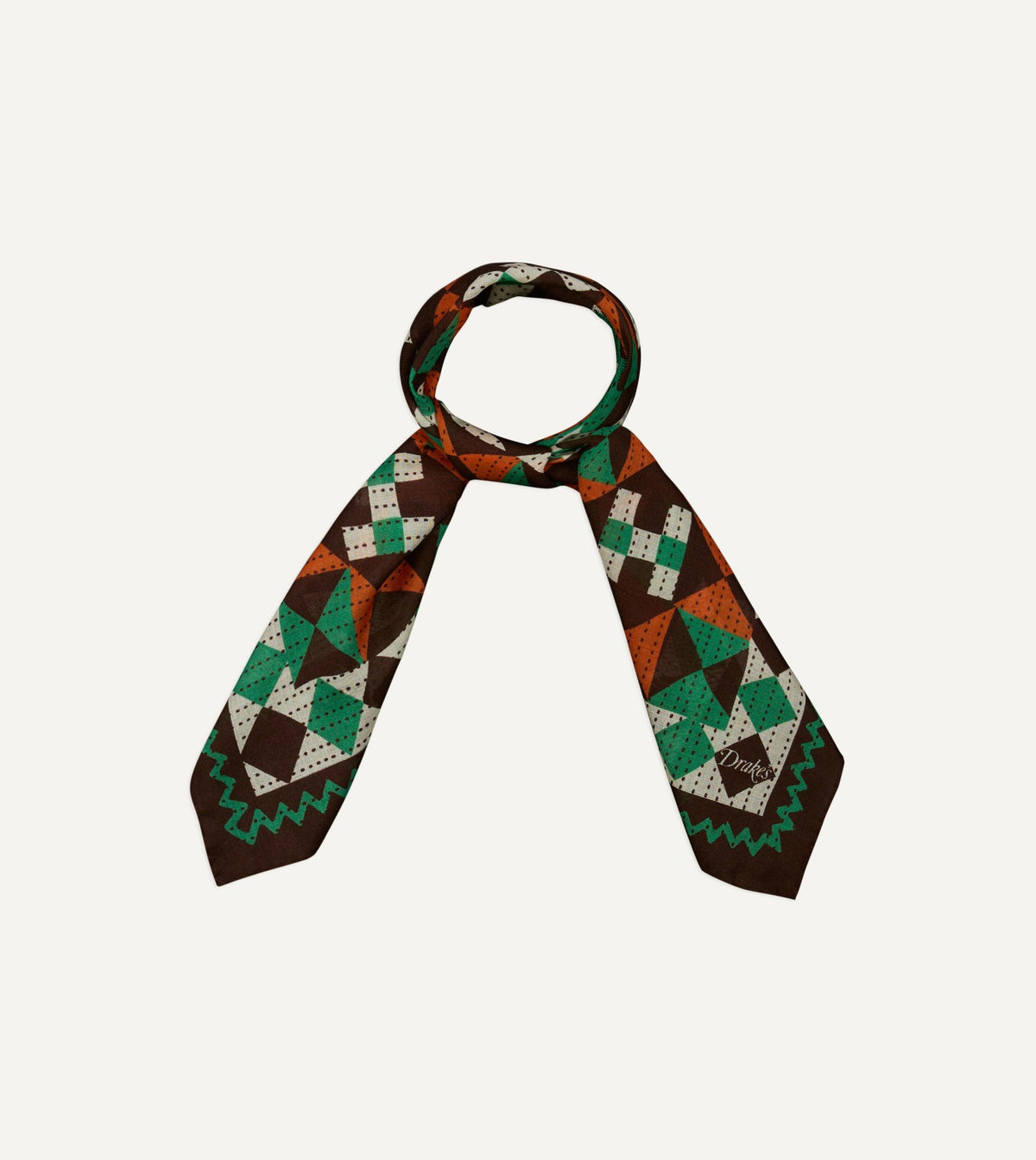Drake's Brown Patchwork Print Wool-Silk Bandana