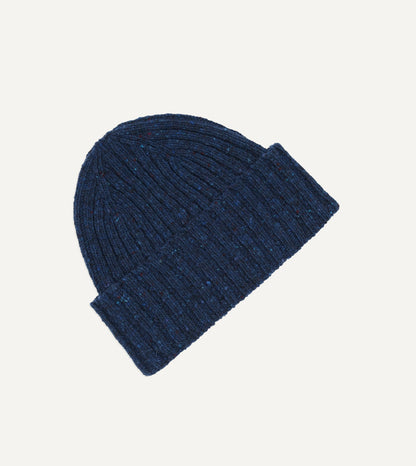 Drake's Blue Ribbed Merino Donegal Knit Cap