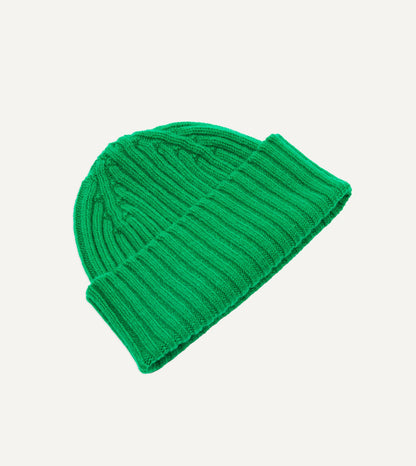 Drake's Bright Green Lambswool Ribbed Knit Cap