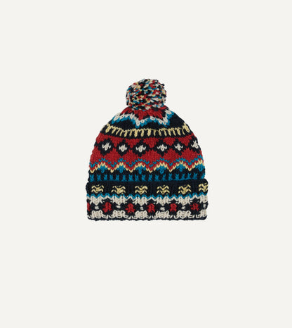 Drake's Chamula Navy, Orange and Yellow Fairisle Merino Knit Cap