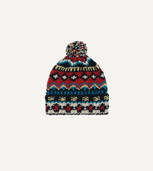 Drake's Chamula Navy, Orange and Yellow Fairisle Merino Knit Cap