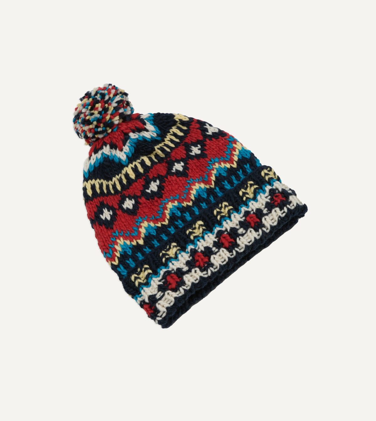 Drake's Chamula Navy, Orange and Yellow Fairisle Merino Knit Cap