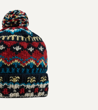 Drake's Chamula Navy, Orange and Yellow Fairisle Merino Knit Cap