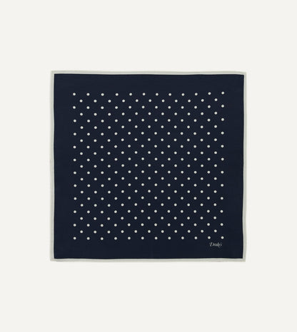 Drake's Navy Polka Dot Print Silk Pocket Square