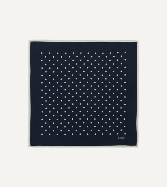 Drake's Navy Polka Dot Print Silk Pocket Square