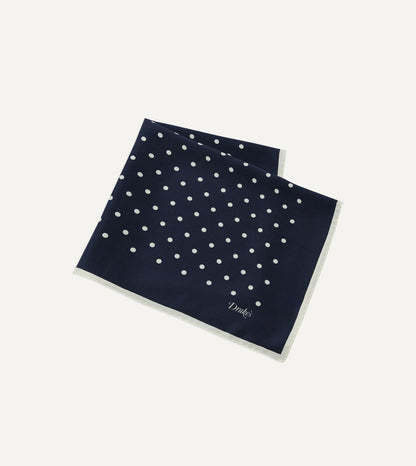 Drake's Navy Polka Dot Print Silk Pocket Square