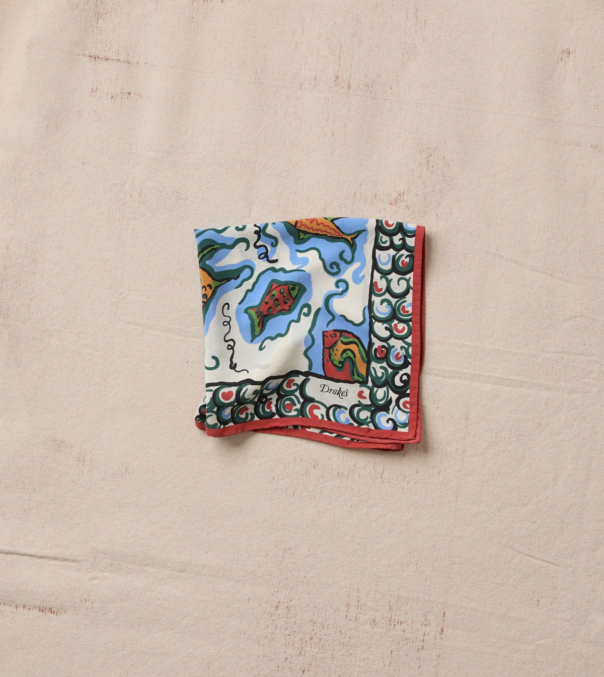 Drake's Ecru Fish Print Silk Pocket Square