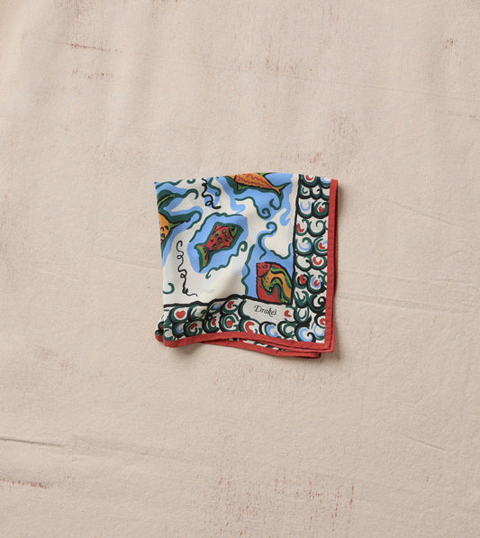 Drake's Ecru Fish Print Silk Pocket Square