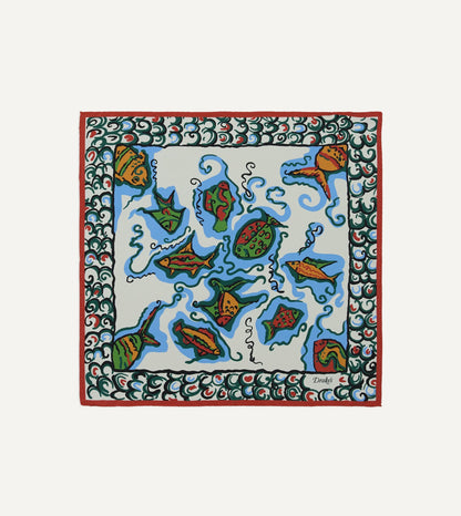 Drake's Ecru Fish Print Silk Pocket Square