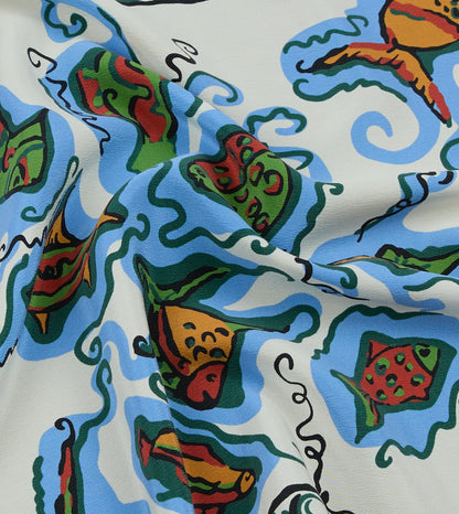Drake's Ecru Fish Print Silk Pocket Square