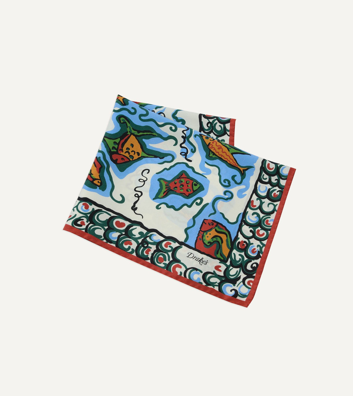 Drake's Ecru Fish Print Silk Pocket Square