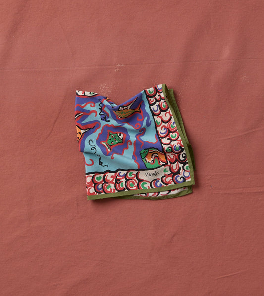 Drake's Teal Fish Print Silk Pocket Square
