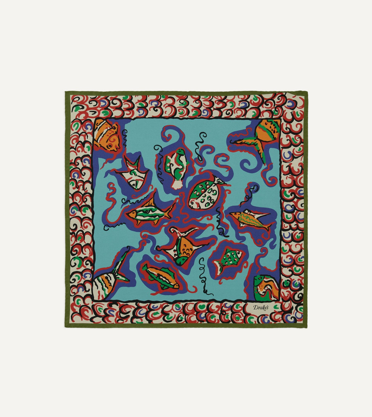 Drake's Teal Fish Print Silk Pocket Square