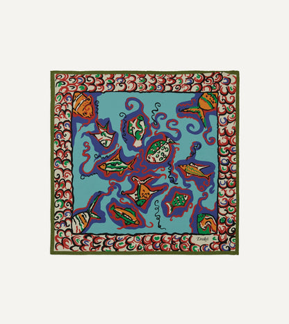 Drake's Teal Fish Print Silk Pocket Square