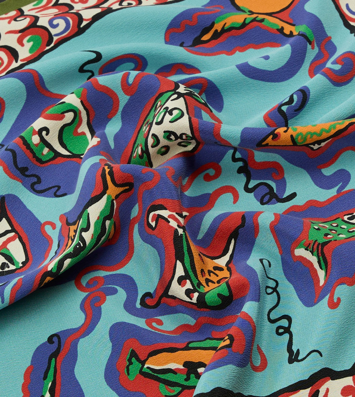 Drake's Teal Fish Print Silk Pocket Square