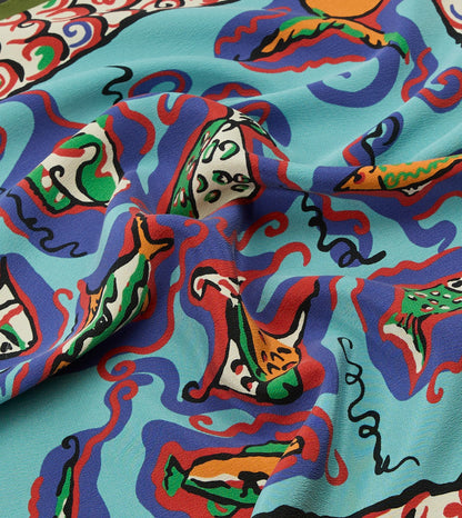 Drake's Teal Fish Print Silk Pocket Square