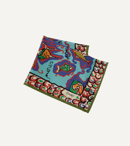 Drake's Teal Fish Print Silk Pocket Square