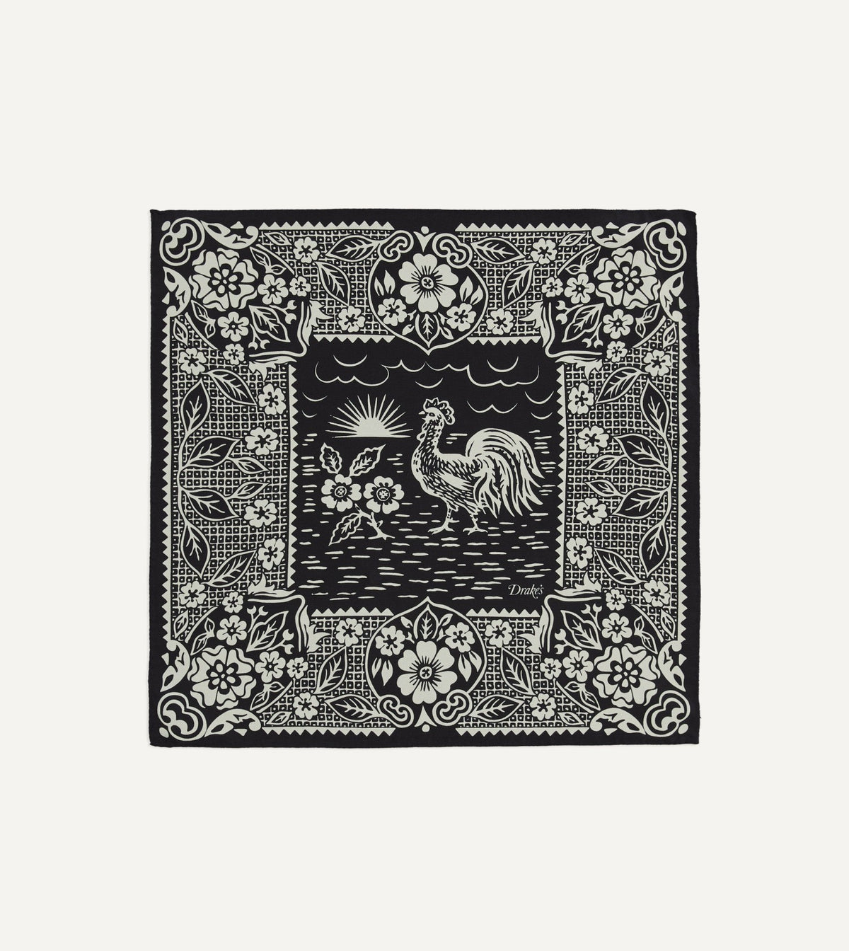 Drake's Navy Cockerel Print Silk Pocket Square