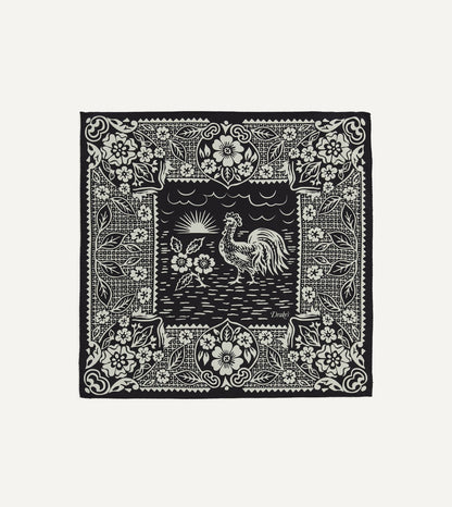 Drake's Navy Cockerel Print Silk Pocket Square