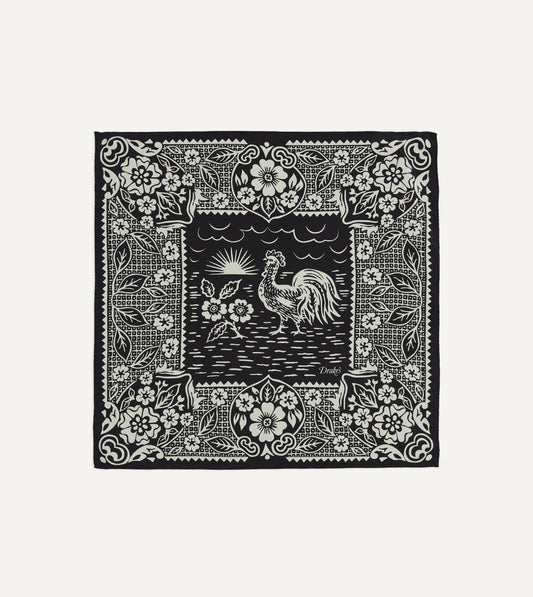 Drake's Navy Cockerel Print Silk Pocket Square